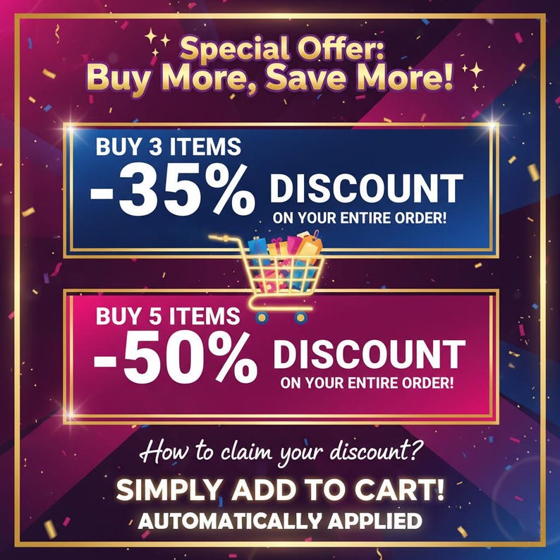 May include: A promotional graphic with a dark purple and gold background. It features text that reads "Special Offer: Buy More, Save More!" and details discounts: Buy 3 items, get 35% off, and Buy 5 items, get 50% off. A shopping cart graphic is also included.