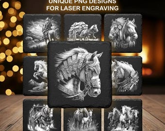 Puede incluir: Una colección de 15 diseños PNG únicos para grabado láser, con ilustraciones en blanco y negro de caballos en varias poses. Los diseños se muestran en posavasos cuadrados de color gris oscuro. Texto en la parte superior.