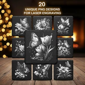 Fjärilslasergraveringspaket – 19 insekts-PNG-filer för skifferunderlägg, naturvingedesigner, Glowforge och XTool-graveringspaket