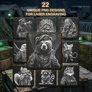Plik do grawerowania laserowego zwierząt wojskowych, łupek z wizerunkiem dzikiej przyrody żołnierza w formacie PNG | xTool Glowforge | Dekoracje taktyczne