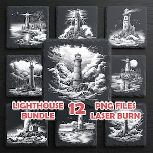 May include: A set of 12 black and white lighthouse designs on square coasters. The coasters depict lighthouses in stormy seas, clouds, and night scenes. The image includes the text "LIGHTHOUSE BUNDLE 12 PNG FILES LASER BURN".