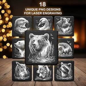Puede incluir: Una colección de 18 diseños PNG únicos para grabado láser. Los diseños presentan ilustraciones detalladas en blanco y negro de varios animales, incluyendo un águila, un cisne, un oso, un erizo, un búho, un zorro y un mapache, en posavasos cuadrados.