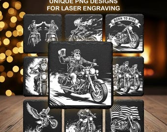 Motorcycle Engraving Bundle – Vintage Bike and Biker Emblem PNGs for Laser Engraving, Slate Coaster