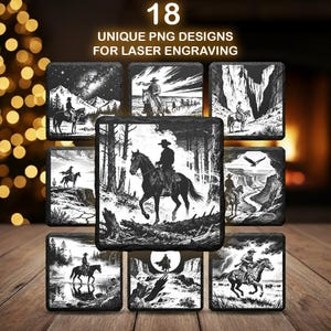 May include: A collection of eight square coasters with black and white cowboy-themed designs. Each coaster features a different illustration of cowboys on horseback in various landscapes. The text "18 UNIQUE PNG DESIGNS FOR LASER ENGRAVING" is at the top.