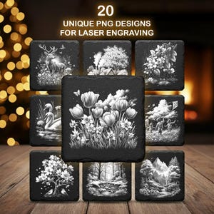 May include: A set of 20 unique PNG designs for laser engraving, presented on black square coasters. Each coaster showcases a different nature-themed design in white, such as a deer, flowers, trees, and a mountain scene. The text "20 UNIQUE PNG DESIGNS FOR LASER ENGRAVING" is at the top.