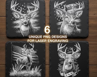 Patriotic Deer Engraving Bundle – American Wildlife PNG for Laser and CNC | Slate Coaster Ready File