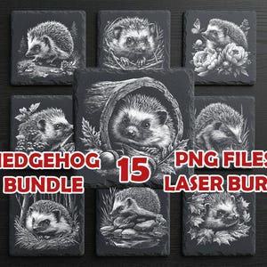 Puede incluir: Un conjunto de posavasos cuadrados negros con ilustraciones blancas detalladas de erizos en varias poses. El texto "HEDGEHOG BUNDLE 15 PNG FILES LASER BURN" se muestra en rojo y blanco. Los posavasos están dispuestos sobre una superficie oscura.