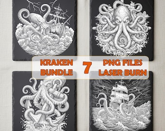 Kraken Laser Engraving PNG Bundle – Octopus CNC Digital Files for Glowforge, LightBurn, xTool | Slate Coasters, Sea Monster Designs