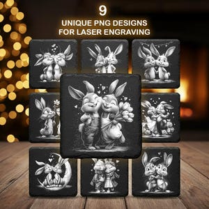 May include: Nine square slate coasters with engraved illustrations of cartoon rabbits in various romantic poses. The coasters are black with white designs, and the text "9 UNIQUE PNG DESIGNS FOR LASER ENGRAVING" is at the top.