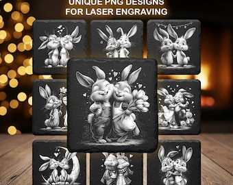 May include: Nine square slate coasters with engraved illustrations of cartoon rabbits in various romantic poses. The coasters are black with white designs, and the text "9 UNIQUE PNG DESIGNS FOR LASER ENGRAVING" is at the top.