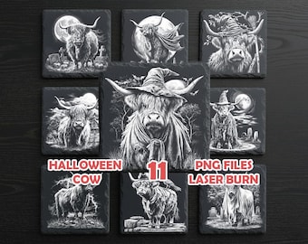 Pacchetto PNG di mucche delle Highlands per Halloween / File per incisione laser su sottobicchieri in ardesia