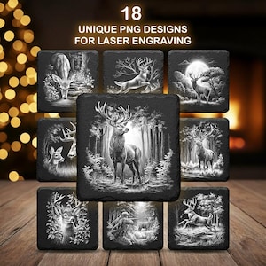 May include: Eight square black coasters with engraved deer designs are displayed. The coasters feature different deer illustrations in a forest setting. The text at the top reads "18 UNIQUE PNG DESIGNS FOR LASER ENGRAVING."