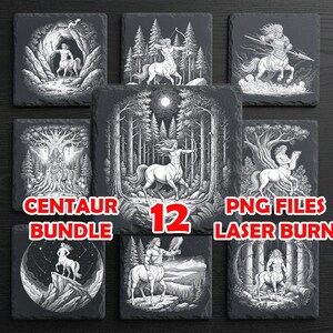 Puede incluir: Un conjunto de 12 posavasos cuadrados negros con ilustraciones blancas de centauros en varias escenas. Los posavasos presentan imágenes de centauros con arcos, en bosques y en montañas. También se ve el texto "CENTAUR BUNDLE" y "PNG FILES LASER BURN".