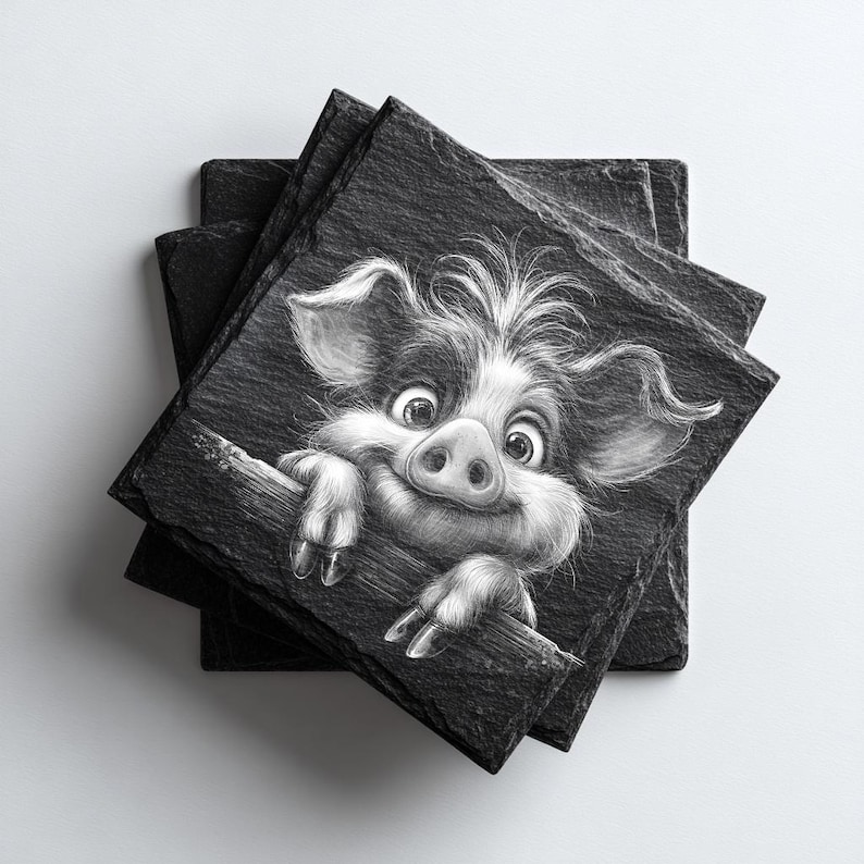 May include: A stack of square, black slate coasters. Each coaster features a detailed, black and white illustration of a smiling pig peering over a log. The pig has a white and black face and large, expressive eyes. The coasters are stacked at a slight angle.