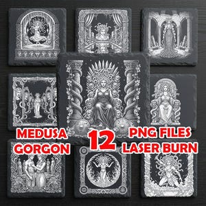 Puede incluir: Un conjunto de nueve posavasos cuadrados de pizarra negra con intrincadas ilustraciones blancas grabadas con láser de Medusa. Los diseños incluyen varias representaciones de Medusa, con el texto "MEDUSA GORGON" y "12 PNG FILES LASER BURN".