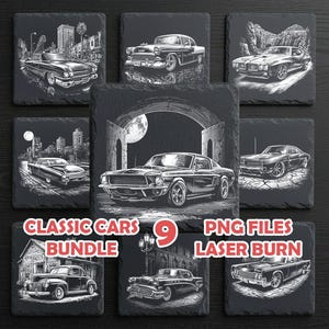 May include: A set of nine black square coasters with white illustrations of classic cars. The coasters feature various car models and scenes, with text that reads "CLASSIC CARS BUNDLE 9 PNG FILES LASER BURN."