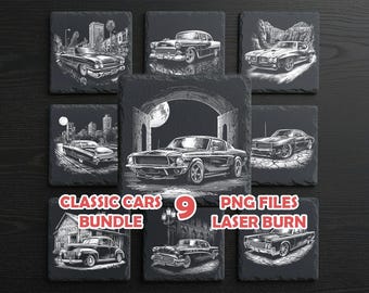 May include: Nine black square coasters with white illustrations of classic cars. The coasters depict different car models and scenes, with text reading "CLASSIC CARS BUNDLE 9 PNG FILES LASER BURN."