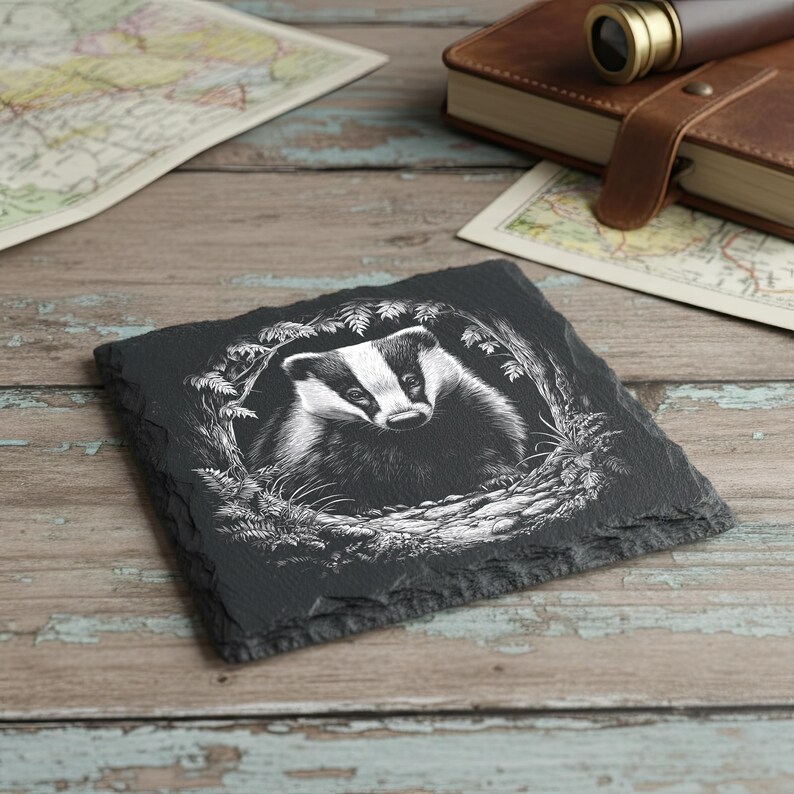 May include: A square, black slate coaster featuring a detailed illustration of a badger surrounded by foliage. The badger has a distinctive black and white face and fur. The coaster is a rustic, nature-themed home decor item.