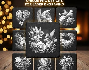 May include: A collection of 20 unique PNG designs for laser engraving, featuring black slate coasters with white engraved images. Designs include angels, roses, doves, and a heart-shaped lock and key. The text "20 UNIQUE PNG DESIGNS FOR LASER ENGRAVING" is at the top.