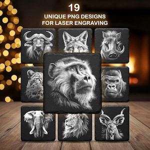 May include: Nine square coasters featuring engraved wildlife designs, including a buffalo, wolf, warthog, leopard, baboon, gorilla, elephant, lion, and antelope. The coasters are black with white engraved images. Text at the top reads "19 UNIQUE PNG DESIGNS FOR LASER ENGRAVING."