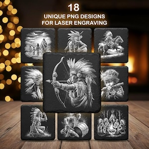 Può includere: Una collezione di 18 design PNG unici per l'incisione laser, con illustrazioni in bianco e nero di figure native americane. I design includono immagini di persone con copricapi, arcieri e scene di vita dei nativi americani.
