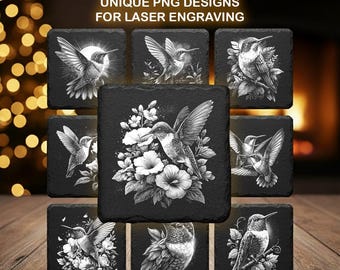 Hummingbird Engraving Bundle – Floral Bird PNG Files for Laser Engraving and Slate Coasters