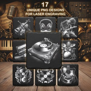 Puede incluir: Una colección de 17 diseños PNG únicos para grabado láser, con instrumentos musicales y equipos de audio. Los diseños incluyen un violín, auriculares, un guitarrista, un tocadiscos, una batería, una cinta de cassette, una guitarra con un paisaje de montaña y más.