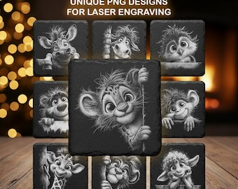 Funny Peeking Animals Engraving Bundle – Quirky Animal PNGs for Laser and CNC Slate Coasters