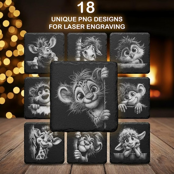 Funny Peeking Animals Engraving Bundle – Quirky Animal PNGs for Laser and CNC Slate Coasters