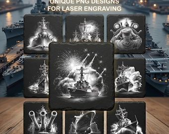 Könnte beinhalten: Eine Sammlung von 18 einzigartigen PNG-Designs für die Lasergravur mit schwarz-weißen Illustrationen von Kriegsschiffen, einem Kapitän am Steuer und einem Schiff mit Feuerwerk, auf quadratischen Fliesen mit strukturierten Kanten.
