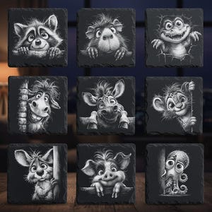 May include: Nine square slate coasters with whimsical black and white illustrations of various animals. The collection includes a raccoon, a guinea pig, a frog, a donkey, a zebra, a lion cub, a rabbit, a pig, and an octopus.