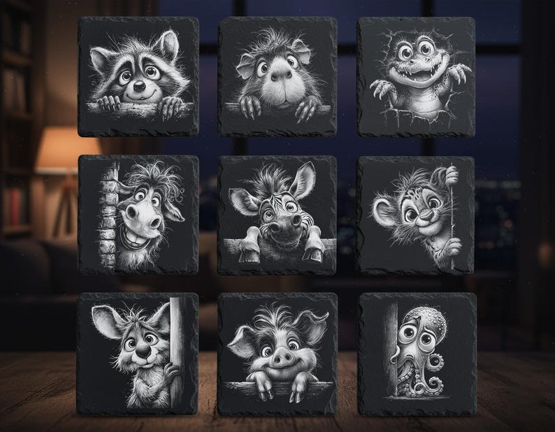 May include: Nine square slate coasters with whimsical black and white illustrations of various animals. The collection includes a raccoon, a guinea pig, a frog, a donkey, a zebra, a lion cub, a rabbit, a pig, and an octopus.