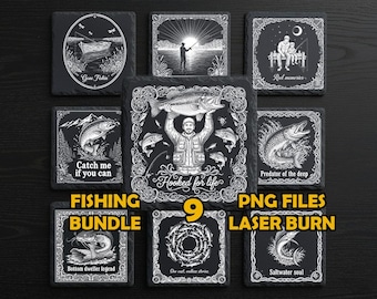 Fishing Laser Engraving Bundle – 9 PNG Files for Slate Coasters, Fisherman Designs, Glowforge & XTool Engraving Pack