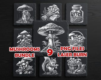 Mushroom Laser Engraving Bundle – 9 Forest PNG Files for Slate Coasters, Fungi Designs, Glowforge & XTool Engraving Pack