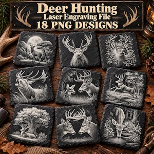 Fichier de gravure laser Cerf | Dessous de verre en ardoise motif chasse | Pack PNG Faune rustique pour Glowforge Xtool