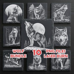 Lone Wolf lasergravyr PNG-paket – Wild Wolf-designer, skifferunderlägg, Glowforge, xTool, LightBurn och CNC-gravyr