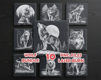 Lone Wolf Laser Engraving PNG Bundle – Wild Wolf Designs, Slate Coasters, Glowforge, xTool, LightBurn & CNC Engraving