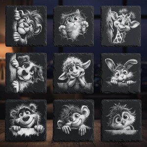 May include: Nine square slate coasters featuring whimsical black and white illustrations of various animals. The collection includes a lion, cat, giraffe, dog, sheep, rabbit, bear, monkey, and owl, each peeking over a ledge.