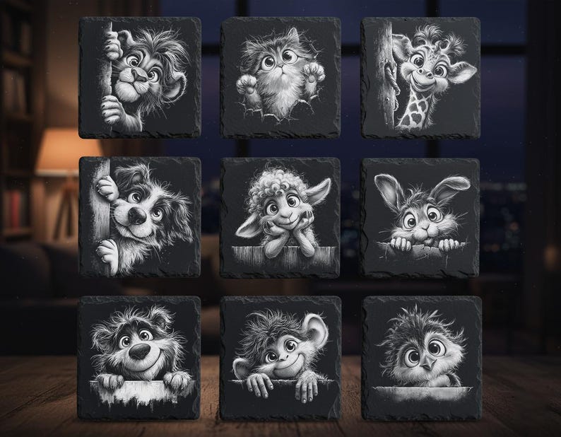 May include: Nine square slate coasters featuring whimsical black and white illustrations of various animals. The collection includes a lion, cat, giraffe, dog, sheep, rabbit, bear, monkey, and owl, each peeking over a ledge.