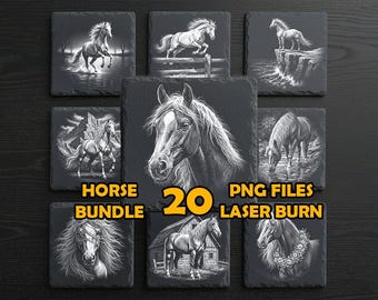 Horse Laser Engraving PNG Bundle – CNC Digital Files for Glowforge, LightBurn, xTool | Slate Coasters, Equestrian Designs, Commercial Use