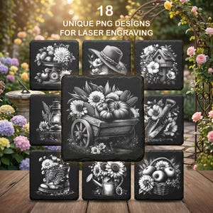 May include: A collection of 18 unique PNG designs for laser engraving, featuring black and white illustrations on square coasters. Designs include floral arrangements, a hat, a birdhouse, a lantern, a wagon with pumpkins, a shovel, a boot, a watering can, and a basket of apples.