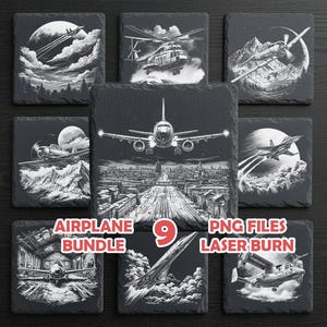 Op de afbeelding: Negen zwarte vierkante onderzetters met witte vliegtuigillustraties. De onderzetters tonen verschillende vliegtuigontwerpen, waaronder jets, propeller vliegtuigen en helikopters. Tekst op de afbeelding luidt "AIRPLANE BUNDLE 9 PNG FILES LASER BURN."