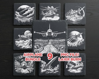 Paquete PNG de grabado láser de aviones: archivos digitales CNC de aviación para Glowforge, LightBurn, xTool/Slate Coasters y diseños de pilotos
