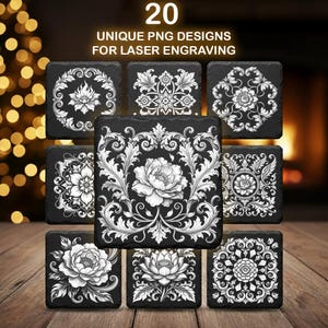 May include: A selection of black square coasters with white floral patterns. The coasters display detailed designs of flowers and foliage, with the text "20 UNIQUE PNG DESIGNS FOR LASER ENGRAVING" at the top.