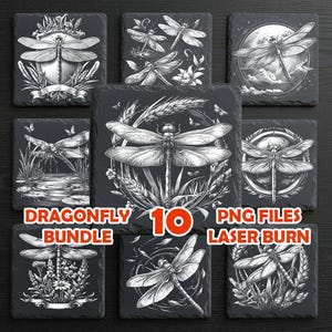 May include: A collection of ten black square coasters with white dragonfly designs. The coasters feature various dragonfly illustrations, some with floral or celestial backgrounds. Text on the image reads "Dragonfly Bundle 10 PNG Files Laser Burn."