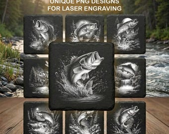 Puede incluir: Un conjunto de 12 posavasos cuadrados de pizarra negra con diseños únicos de peces, ideales para grabado láser. Cada posavasos presenta una ilustración detallada en blanco y negro de un pez en escenas acuáticas, con el texto "12 UNIQUE PNG DESIGNS FOR LASER ENGRAVING".
