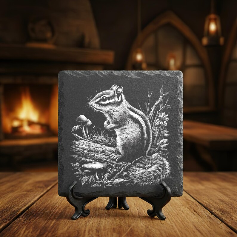 May include: A black slate plaque with a detailed white engraving of a chipmunk perched on a log with mushrooms and foliage. The plaque is displayed on a black easel, perfect for home decor.