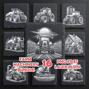 Könnte beinhalten: Eine Sammlung schwarzer quadratischer Untersetzer mit weißen Illustrationen von Landmaschinen, darunter Traktoren und Mähdrescher. Der Text "FARM MACHINERY BUNDLE" und "16 PNG FILES LASER BURN" ist ebenfalls zu sehen.