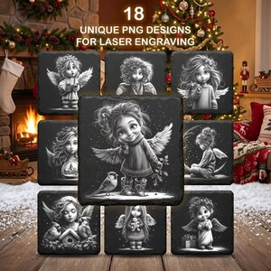 May include: A collection of 18 square black slate coasters featuring grayscale illustrations of angels with wings. The designs include angels with birds, holding gifts, or sitting on moons. The text 18 UNIQUE PNG DESIGNS FOR LASER ENGRAVING is visible.