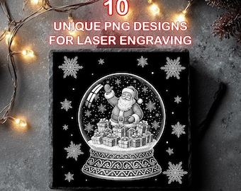 May include: Black square with a snow globe design featuring Santa Claus surrounded by snowflakes and gifts. The text "10 UNIQUE PNG DESIGNS FOR LASER ENGRAVING" is displayed at the top. The image is decorated with string lights.